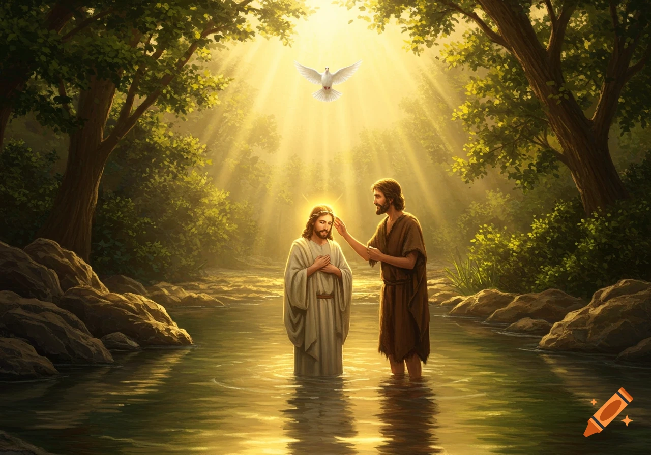 Illustration of John the Baptist baptizing Jesus in a sunlit river, with a dove descending from above.