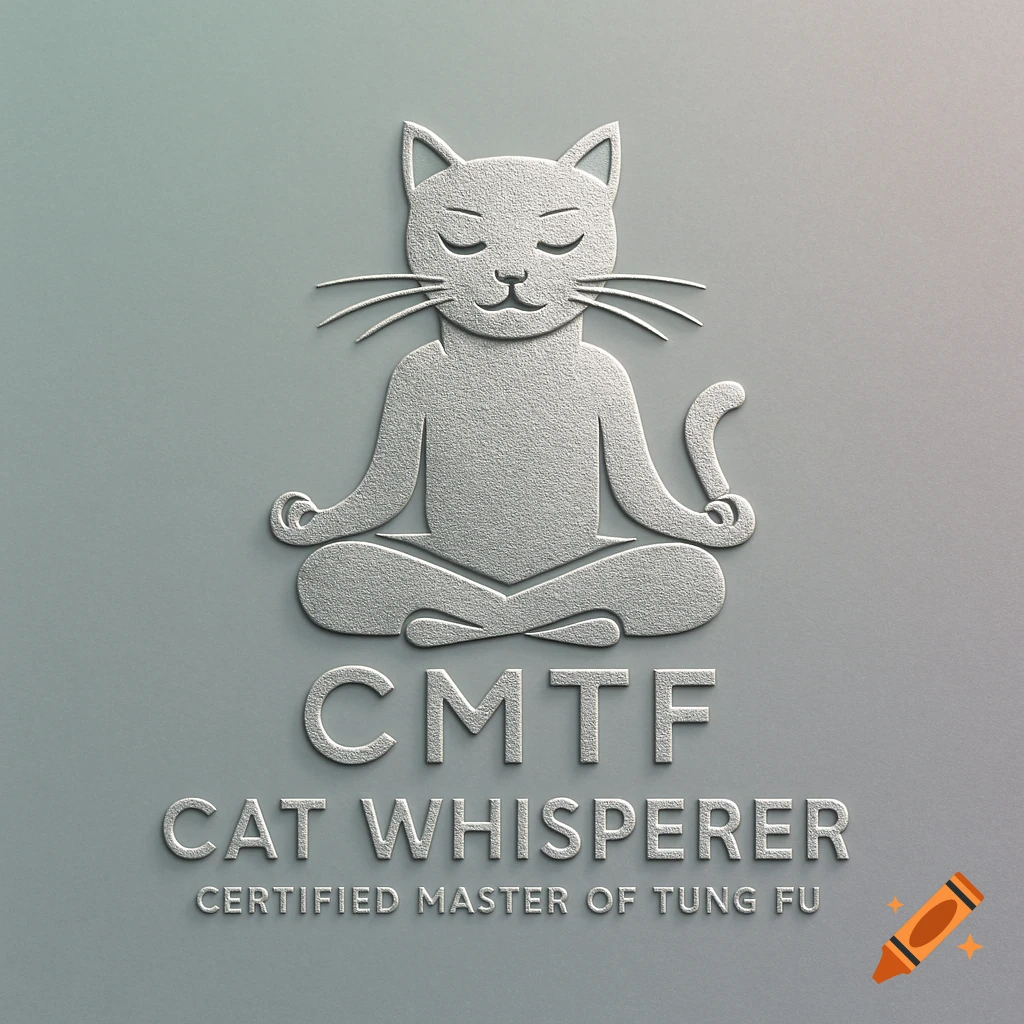 Silver embossed logo of a meditating cat with text 'CMTF CAT WHISPERER CERTIFIED MASTER OF TUNG FU' on a light grey background.
