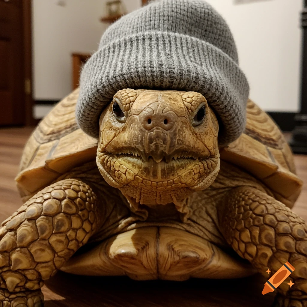 A close-up, realistic photo of a tortoise with textured skin wearing a grey woolen beanie, looking directly at the viewer.