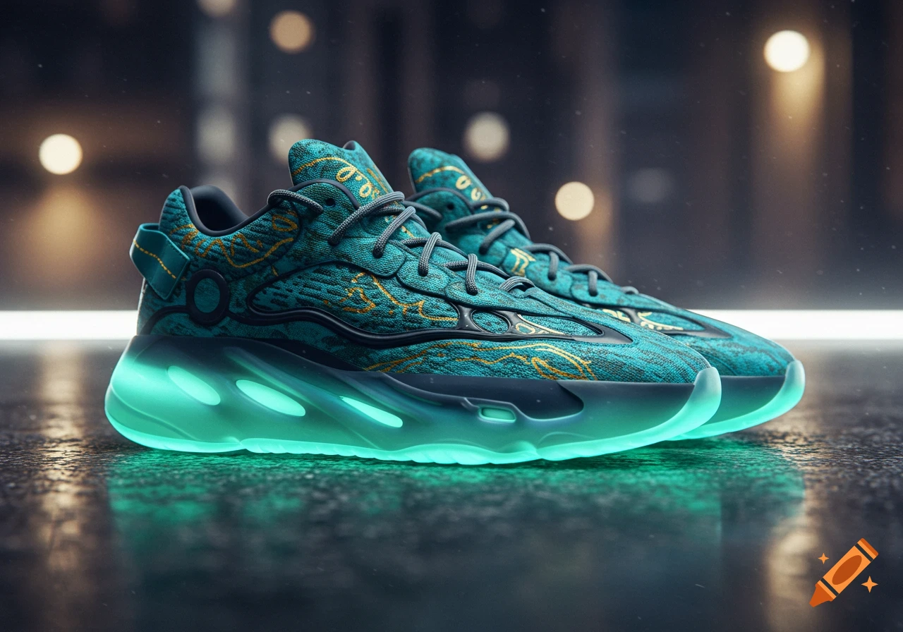 A pair of custom teal and gold sneakers with glowing green soles on a reflective surface.