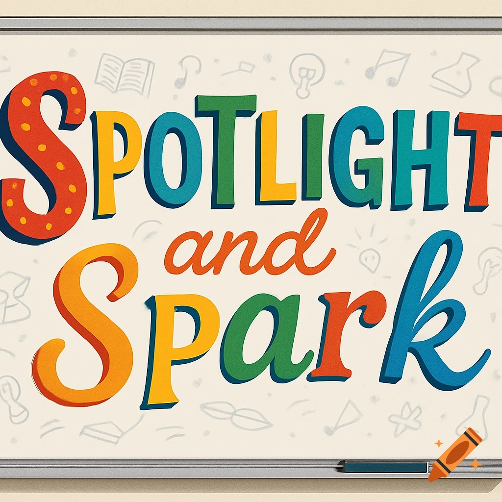 Colorful 'SPOTLIGHT and Spark' text with varied fonts and colors on a whiteboard, surrounded by light gray educational doodles.