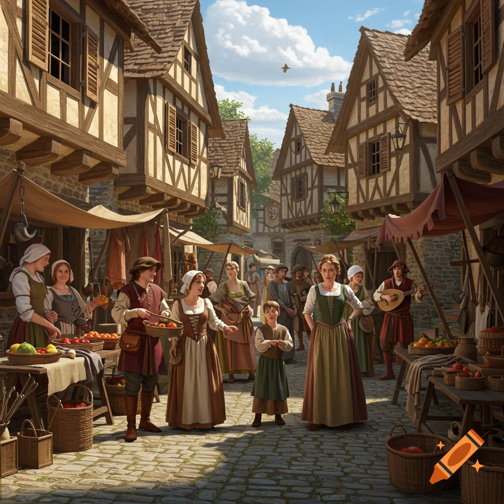 A vibrant medieval market scene bustling with villagers, market stalls, and timber-framed buildings under a bright sky.