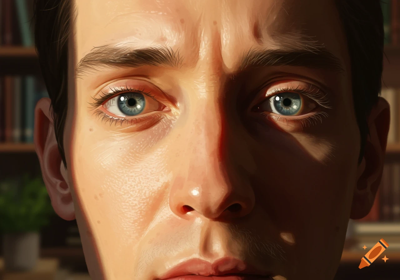 Close-up digital painting of a man's face with blue eyes and a furrowed brow, dramatically lit, against a blurred bookshelf background.