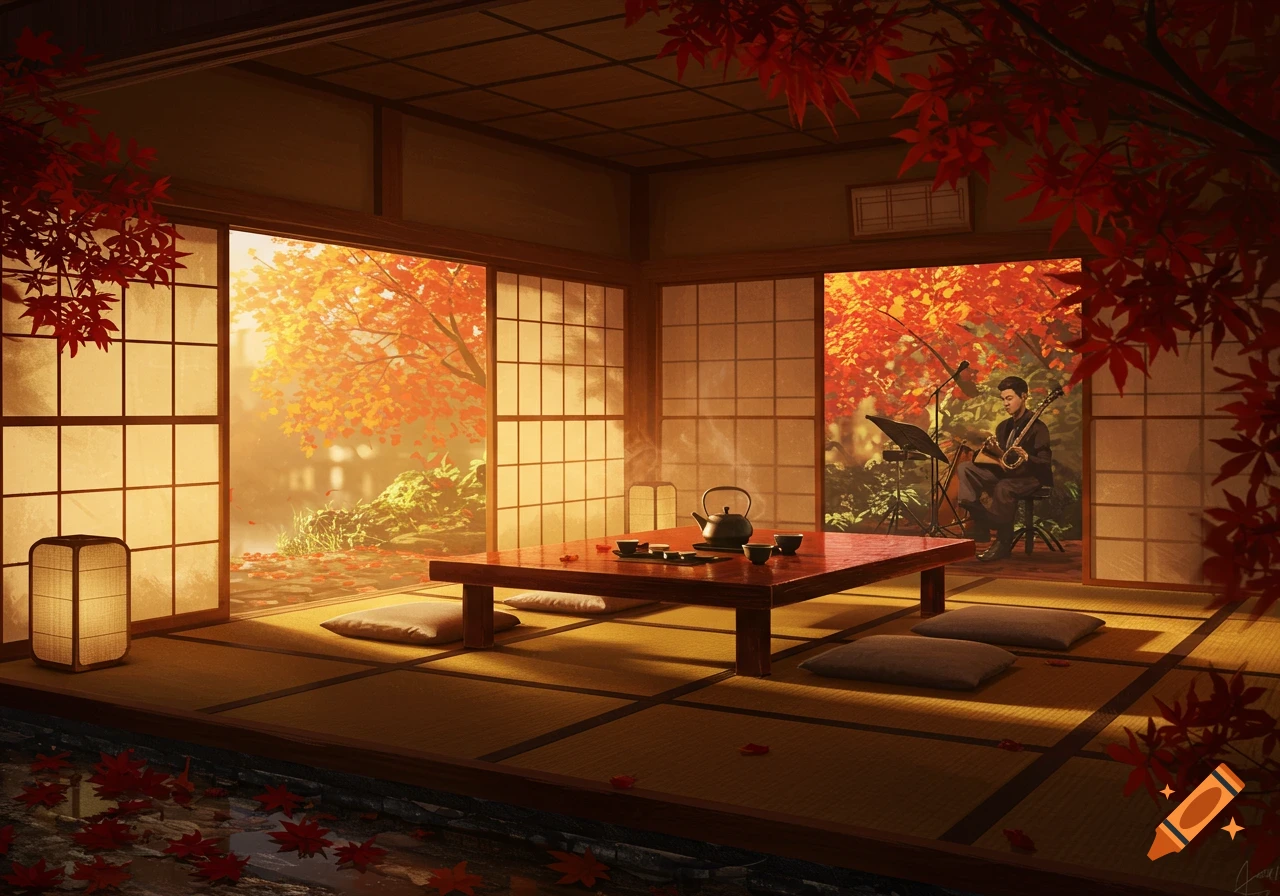A serene traditional Japanese room with shoji screens open to an autumn garden, red maple leaves falling, and a musician playing an instrument.
