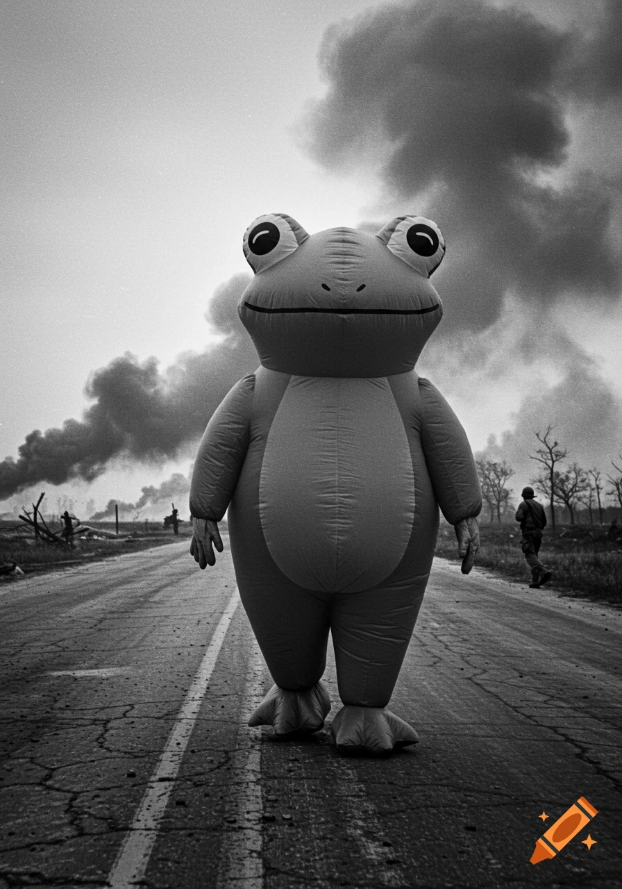 A person in an inflatable frog costume stands on a cracked road in a black and white war zone with smoke and a soldier in the background.