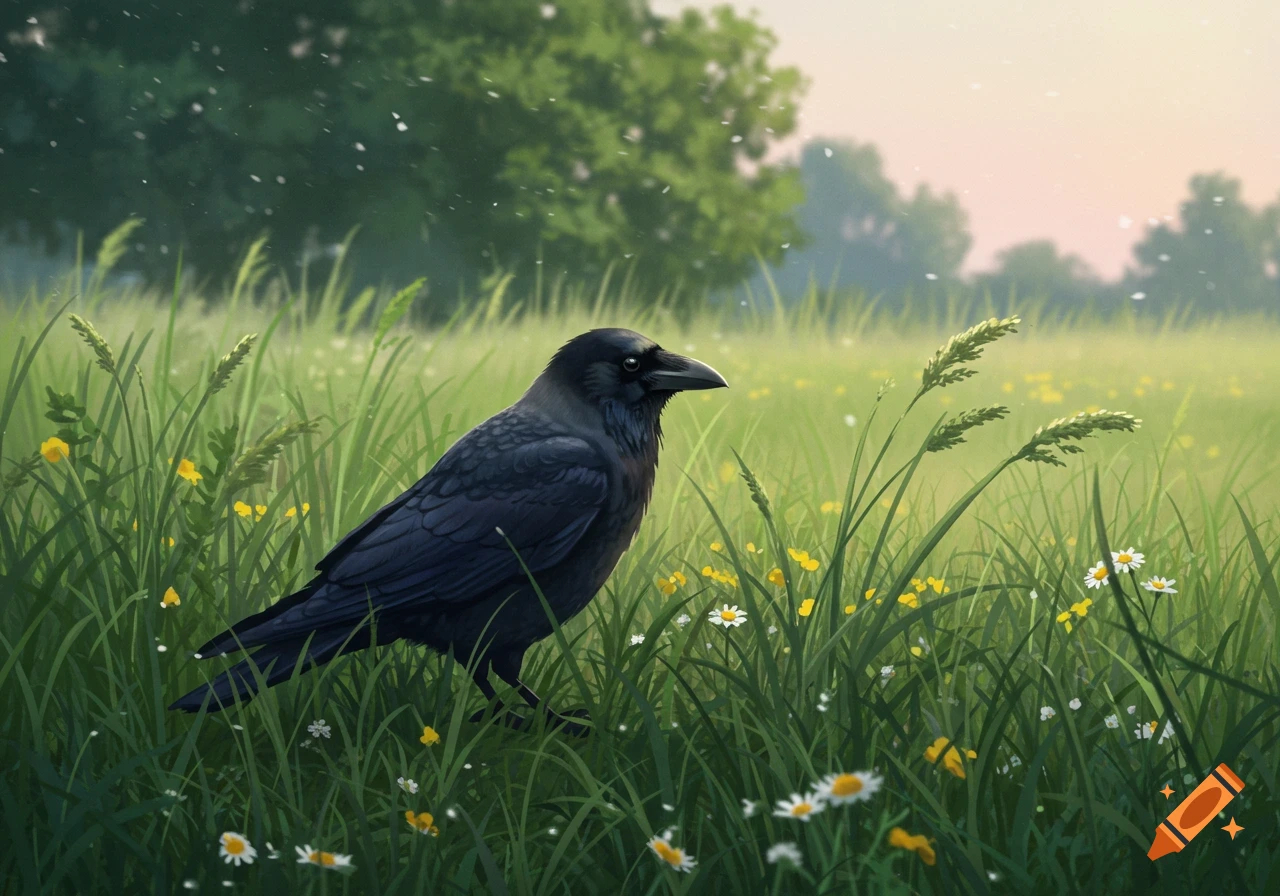A black crow stands in a vibrant green field filled with yellow and white wildflowers, under a soft, hazy sky.