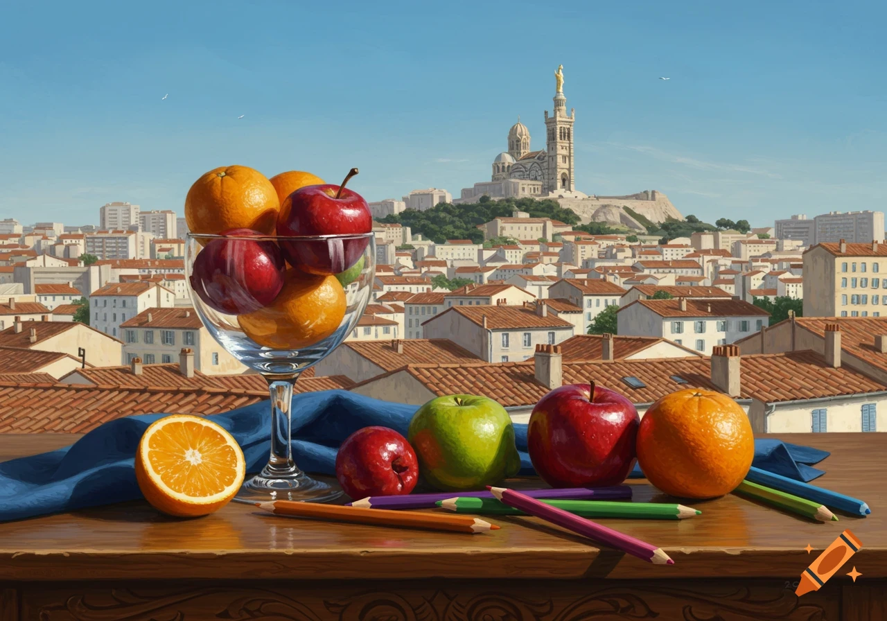 A painting of a still life with fruit and colored pencils on a wooden table, overlooking the city of Marseille and its basilica.