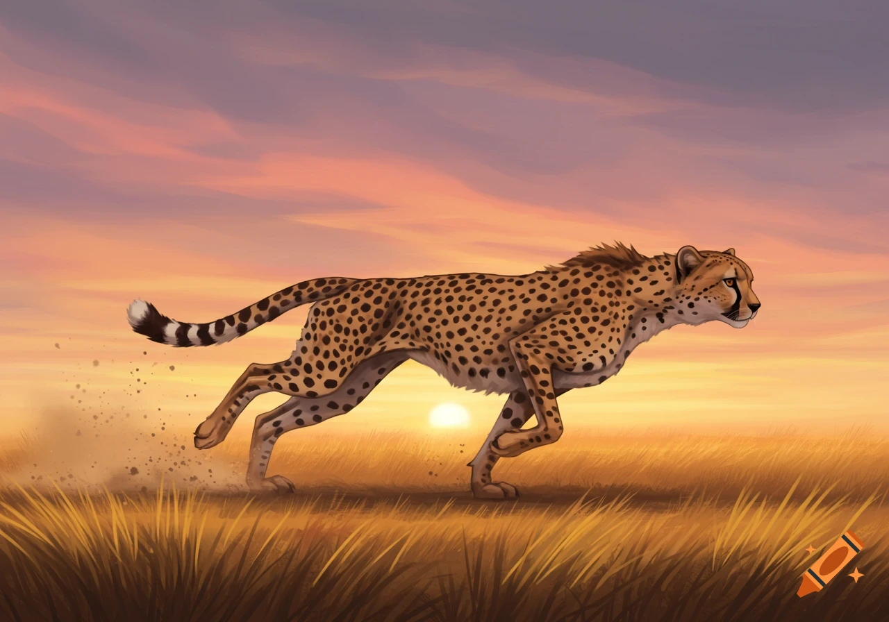 A cheetah runs across a savanna kicking up dust at sunset, depicted in an illustration.