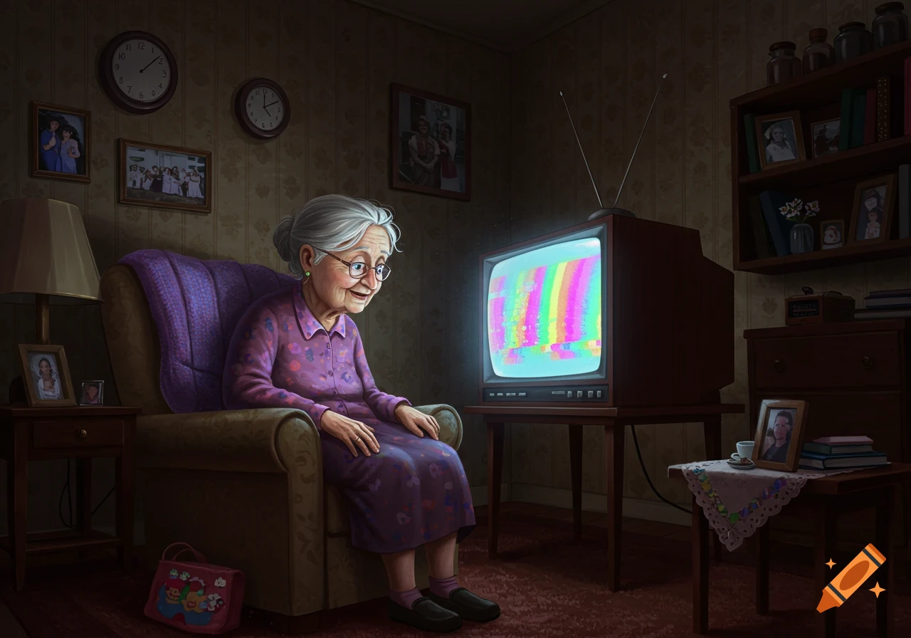 An illustrated image of an elderly woman with glasses, seated in a comfy armchair, watching a static-filled TV in a dimly lit, cozy living room.