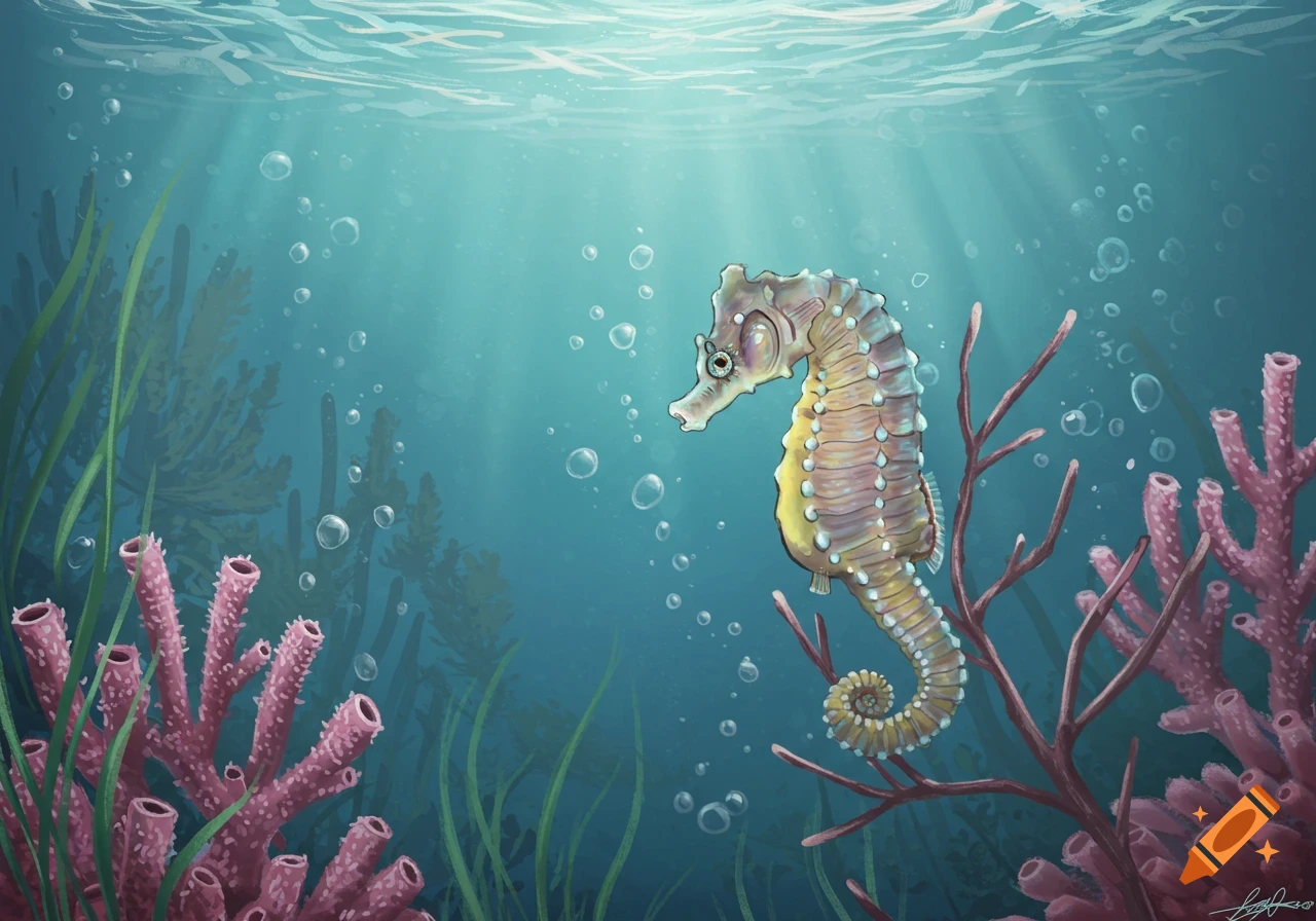 An illustrative underwater scene features a seahorse amidst vibrant pink corals, green seaweed, and bubbles, with light rays from above.