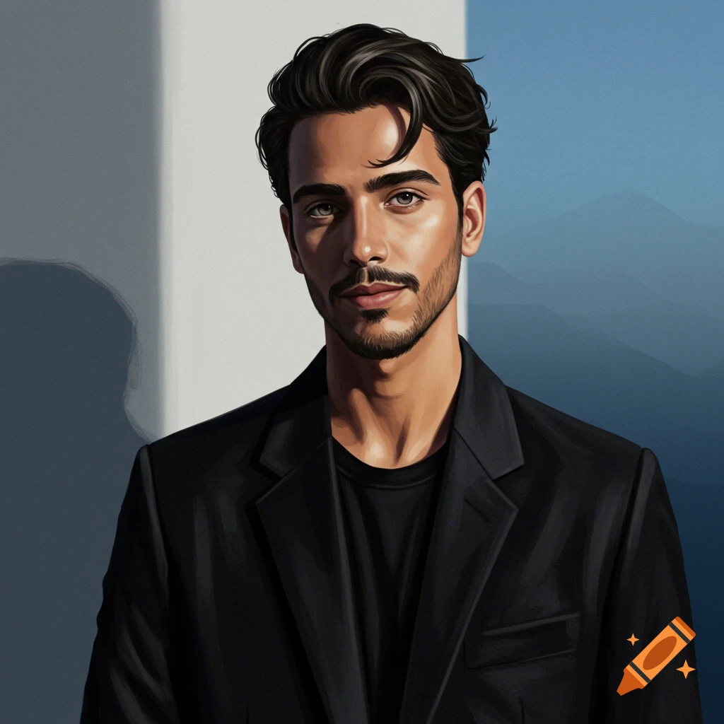 Stylized portrait of a man with dark hair and a beard, wearing a black jacket, against a simple two-tone background.