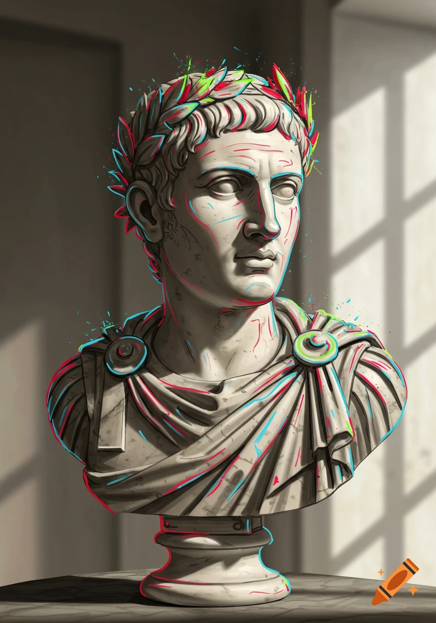 A marble bust of Nero wearing a laurel wreath, stylized with vibrant red, blue, and green marker lines and paint splatters.