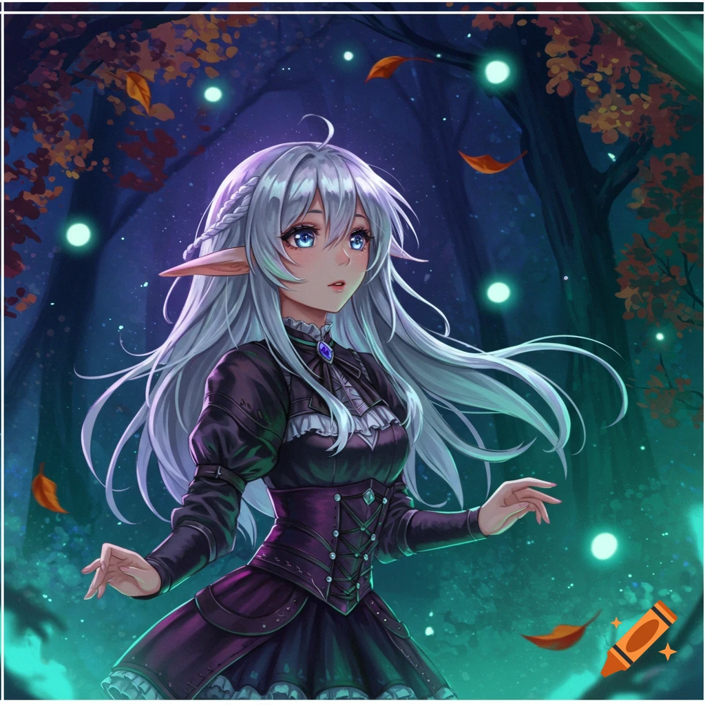 Anime elf girl with long silver hair and blue eyes, wearing a dark dress, stands in a magical glowing forest.
