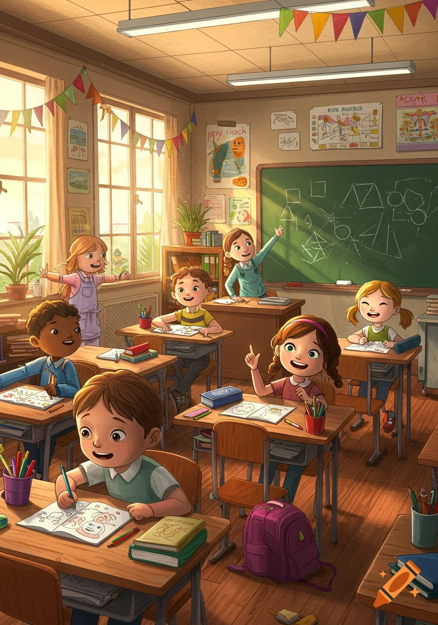 A vibrant cartoon illustration of a lively elementary school classroom with diverse children learning, drawing, and interacting with a teacher at the blackboard.