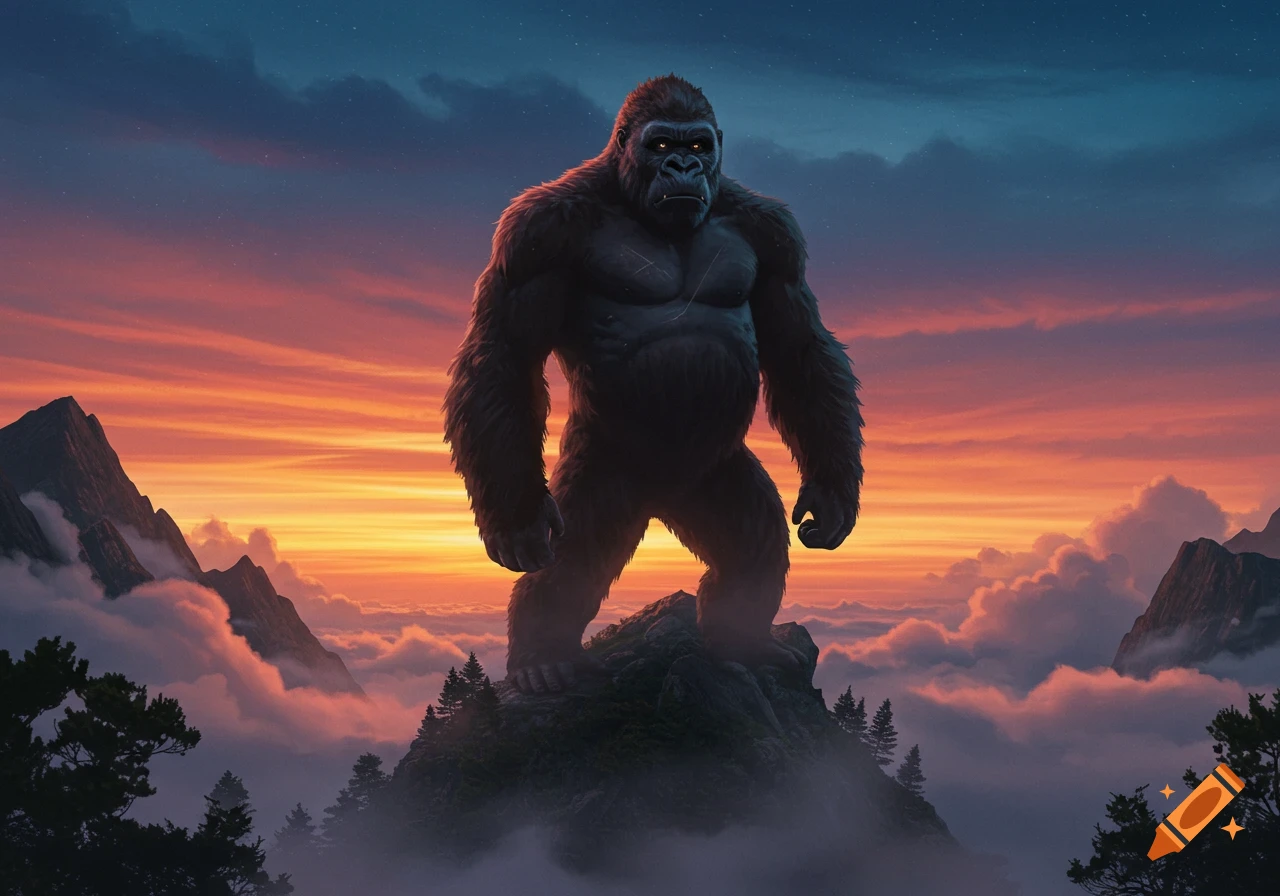 A colossal King Kong stands on a misty mountain peak at sunset, surrounded by mountains and clouds.