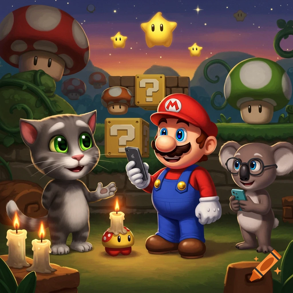 Mario, Talking Tom, and a koala with glasses stand in a vibrant Super Mario-themed landscape, holding phones at dusk.