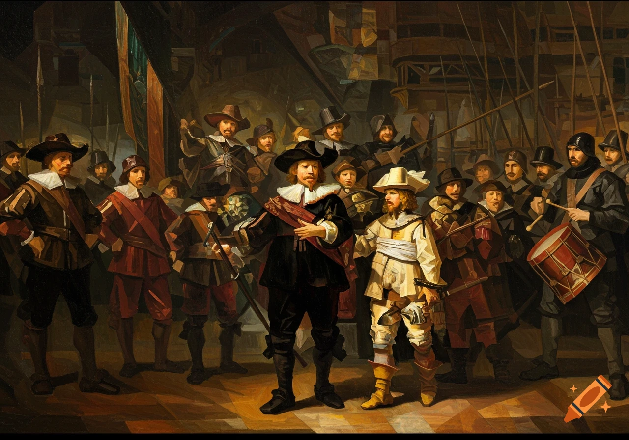 Cubist painting of 17th-century men, reminiscent of Rembrandt's Night Watch, with fragmented forms and dark tones.