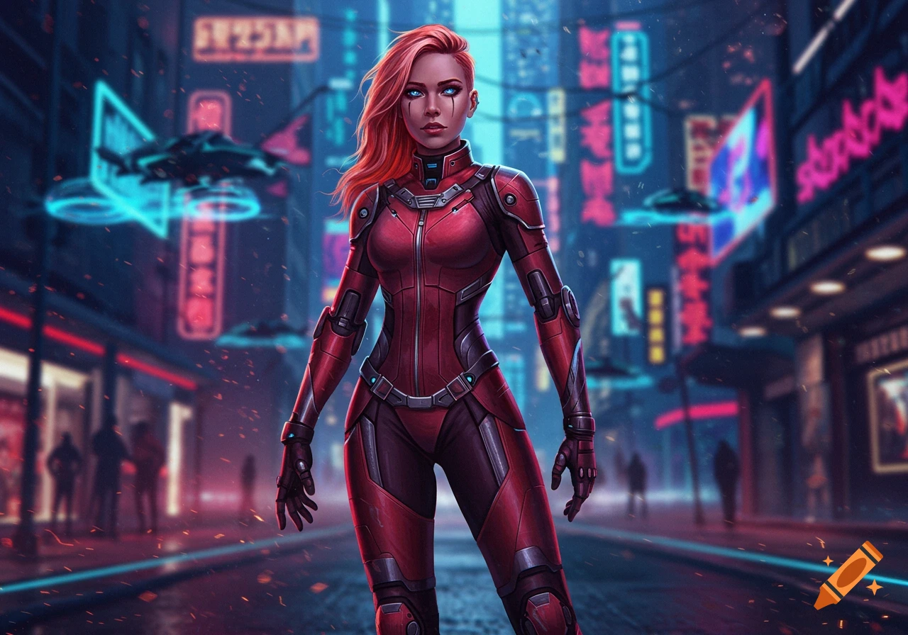 A red-haired woman in a red and black futuristic suit stands in a neon-lit cyberpunk city street.