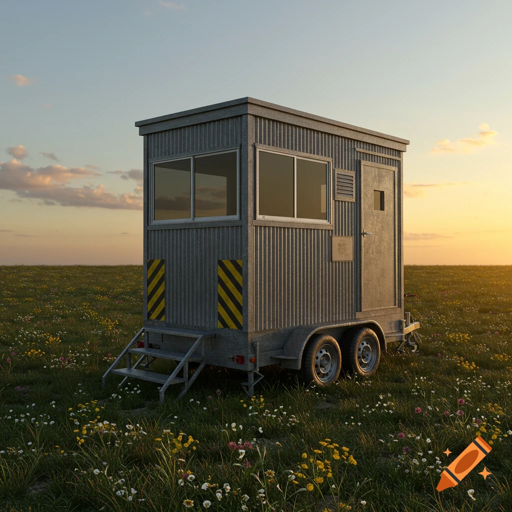 A portable guard shack mounted on a trailer sits in a vast field of green grass and wildflowers under a sunset sky.