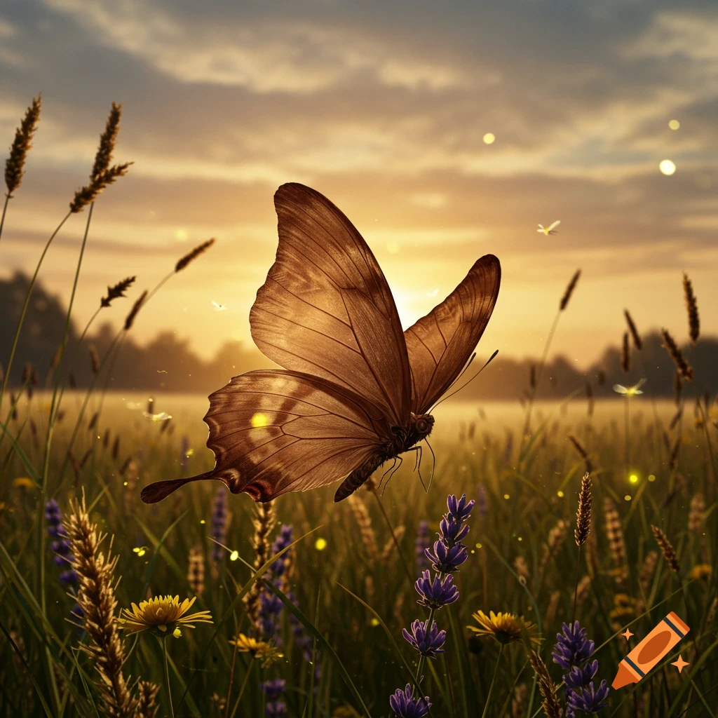 A brown butterfly with textured wings hovers over a field of tall grass and purple flowers at sunset.