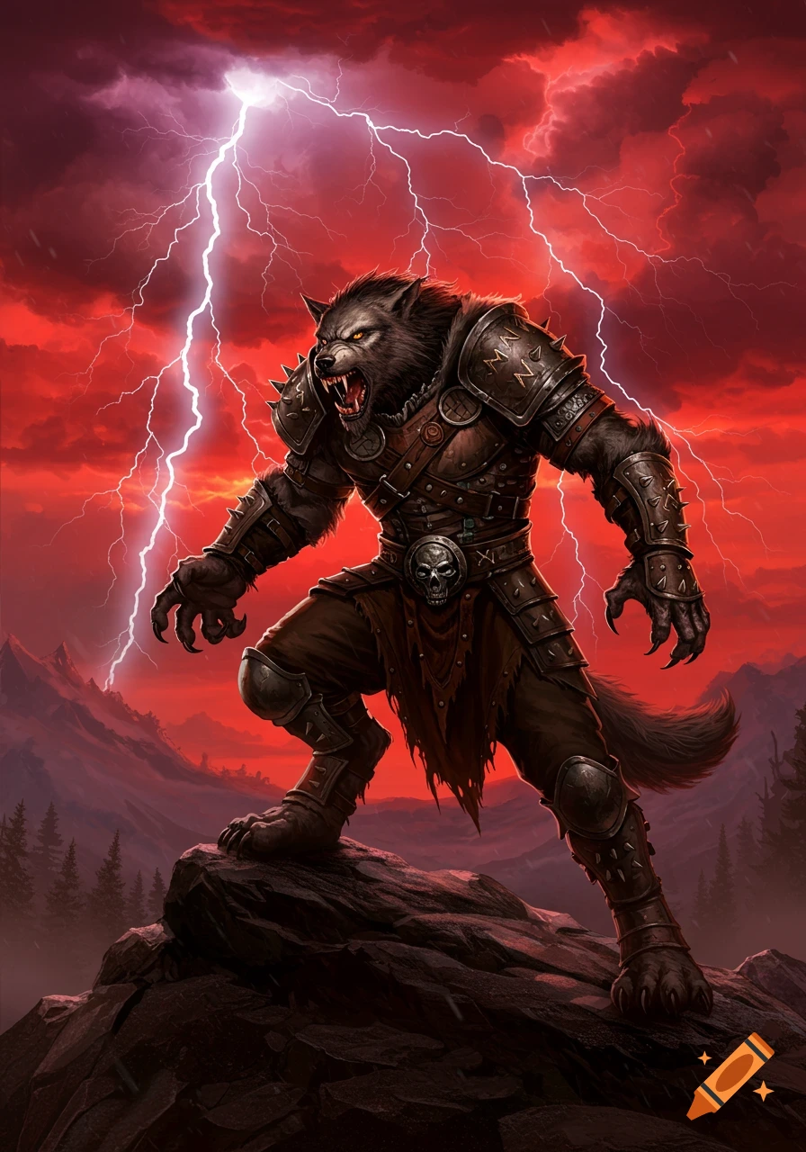 A fierce werewolf warrior in barbarian armor stands on a rocky hill under a red, stormy sky with lightning.