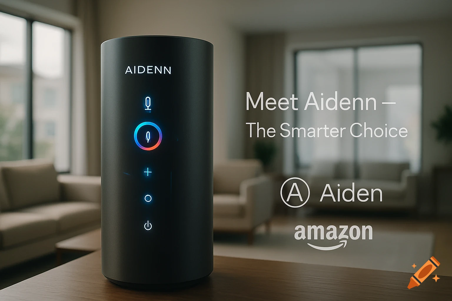 A black cylindrical smart home assistant with glowing controls and AIDENN branding on a wooden table. Blurred modern living room in background with marketing text and Amazon logo.