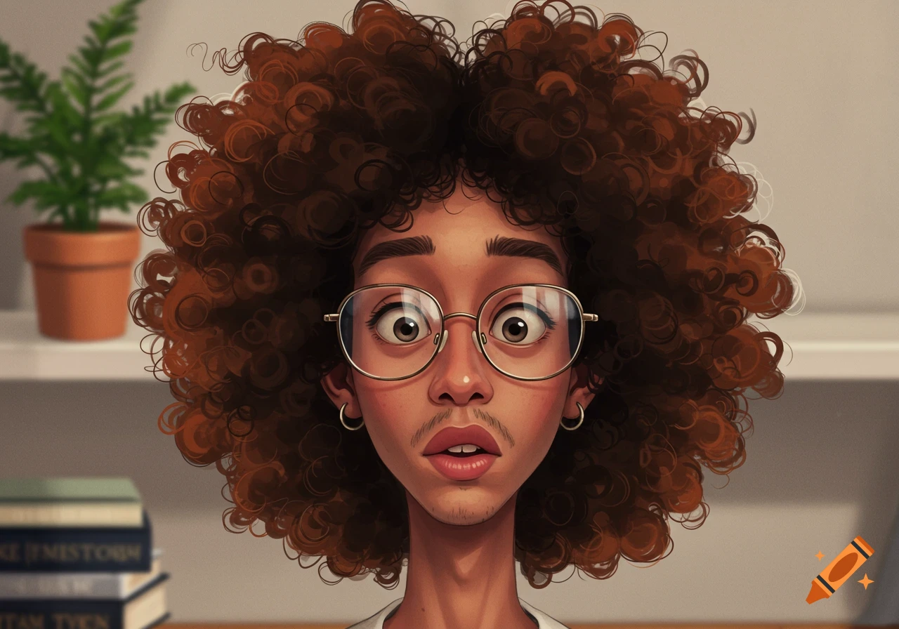 Cartoon portrait of a person with large curly brown hair, round glasses, and a wide-eyed, surprised expression.