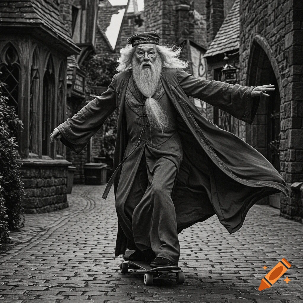 Dumbledore, with long white hair and beard, rides a skateboard down a cobblestone street in a black and white photograph.