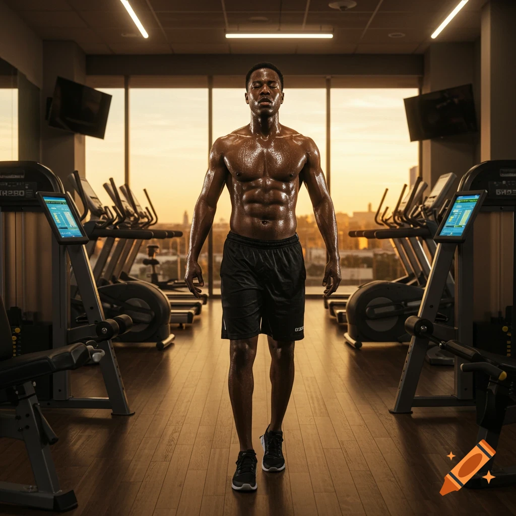 A photorealistic image of a sweaty, muscular man walking through a gym with treadmills and a sunset visible through large windows.