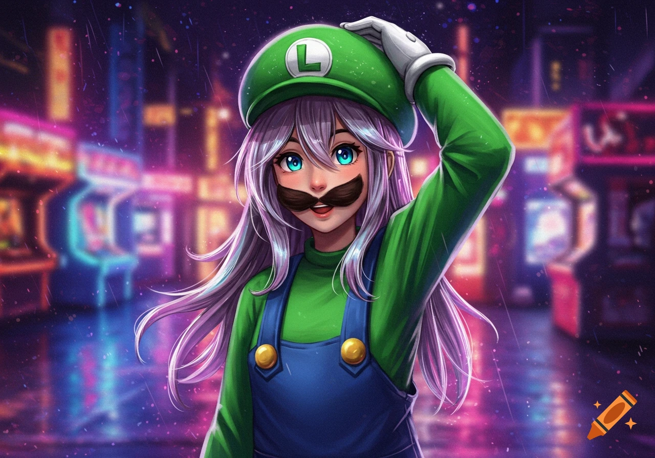 Anime girl dressed as Luigi with a mustache, smiling in a neon-lit arcade.
