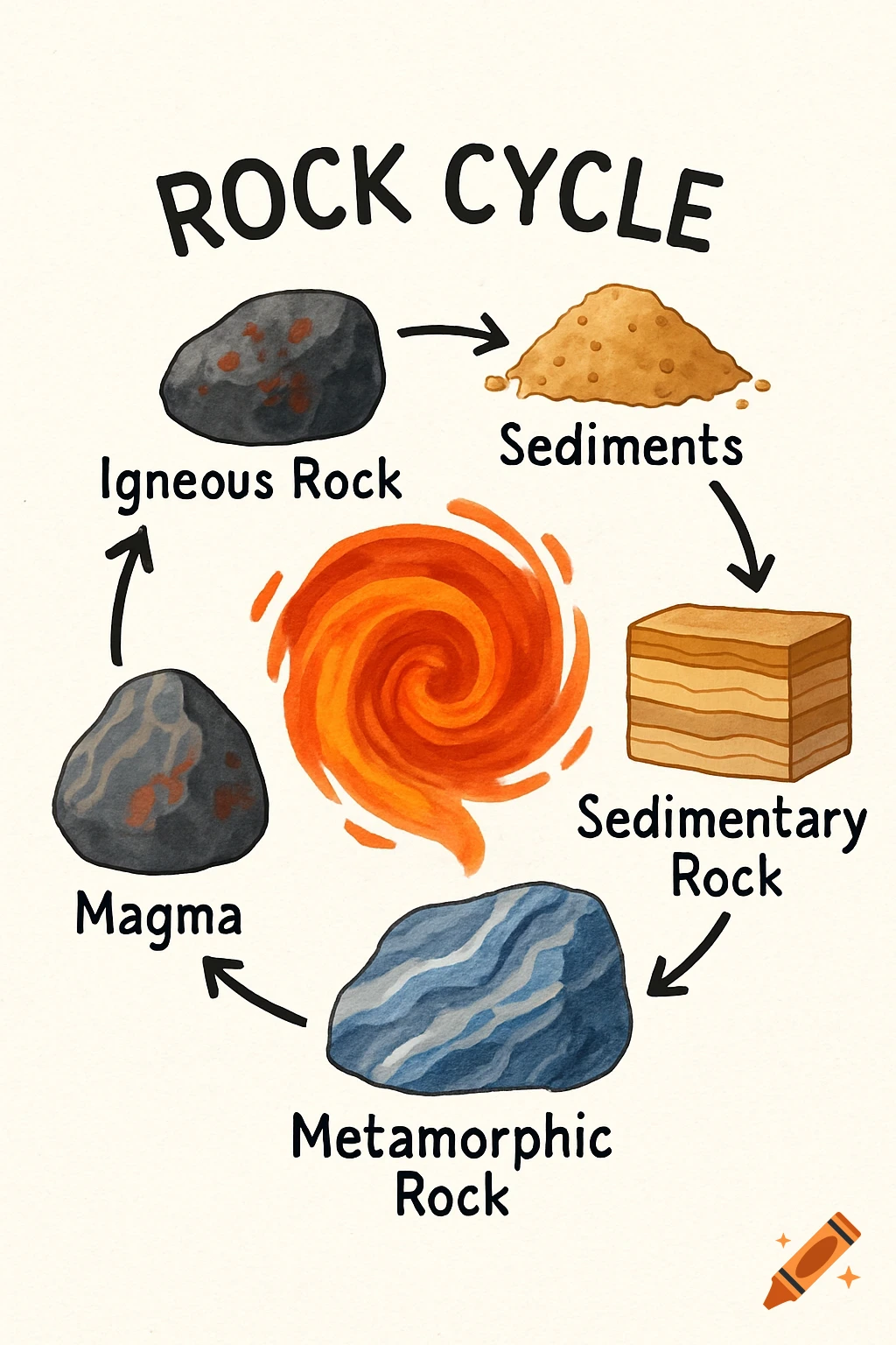 A colorful illustrated diagram of the rock cycle, showing magma, igneous rock, sediments, sedimentary rock, and metamorphic rock with arrows.