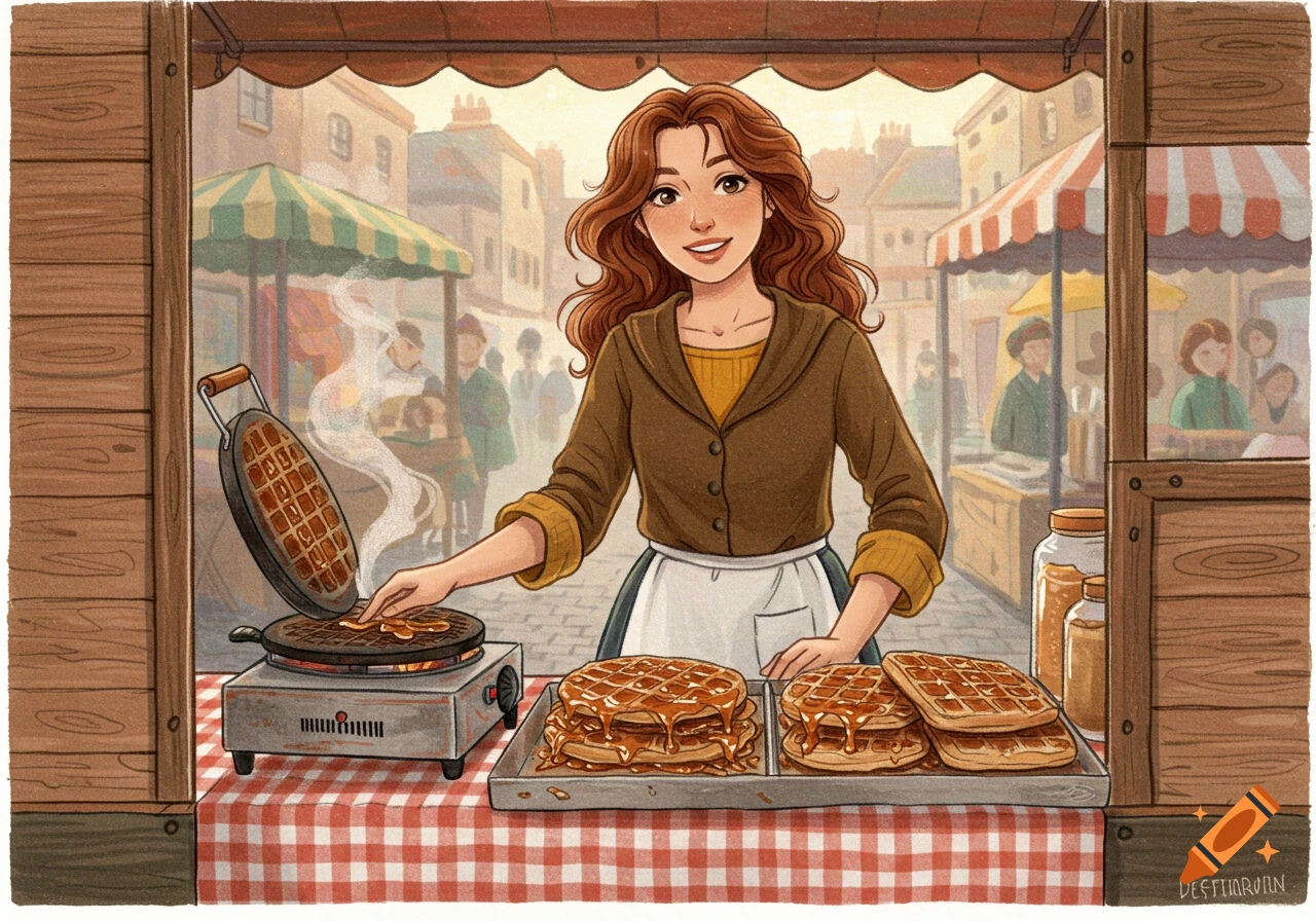 A smiling woman in a drawing style stands behind a treacle waffle stall, making and selling waffles at a bustling outdoor market.