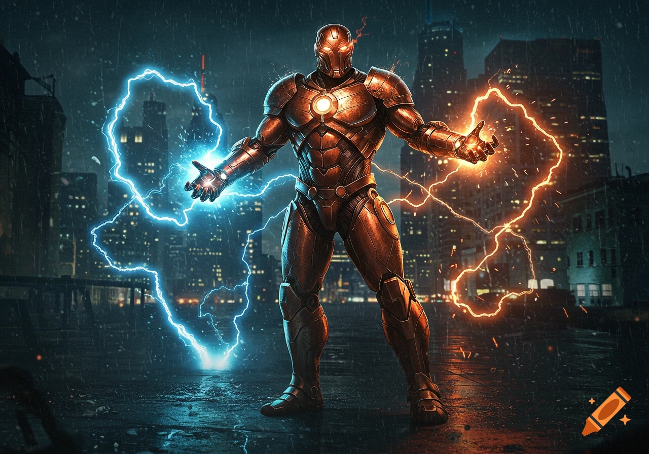 An armored, metallic figure with glowing red eyes stands in a rainy city at night, generating blue lightning from one hand and orange lightning from the other.