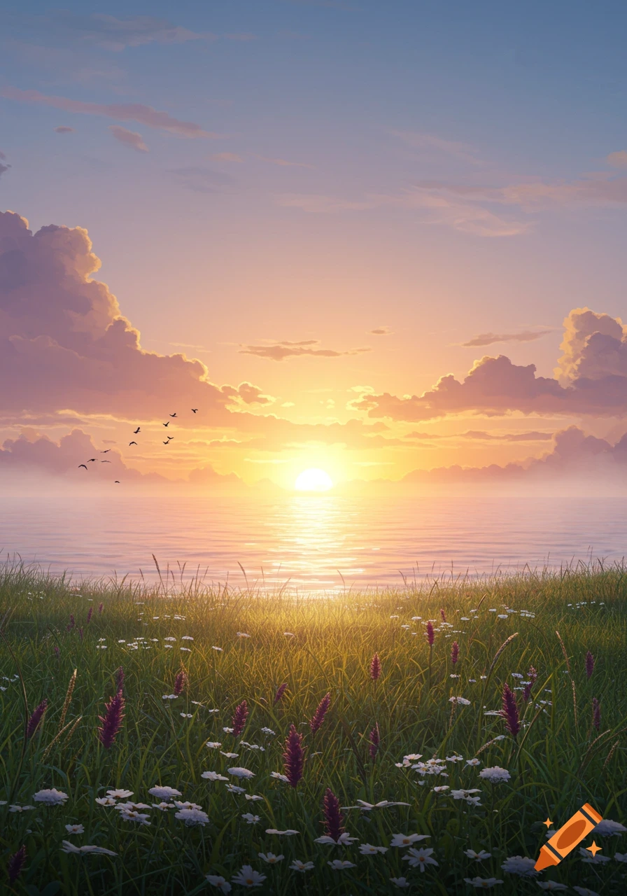 A vibrant sunset over calm water, reflecting the orange and purple sky, with a foreground of green grass and wildflowers.