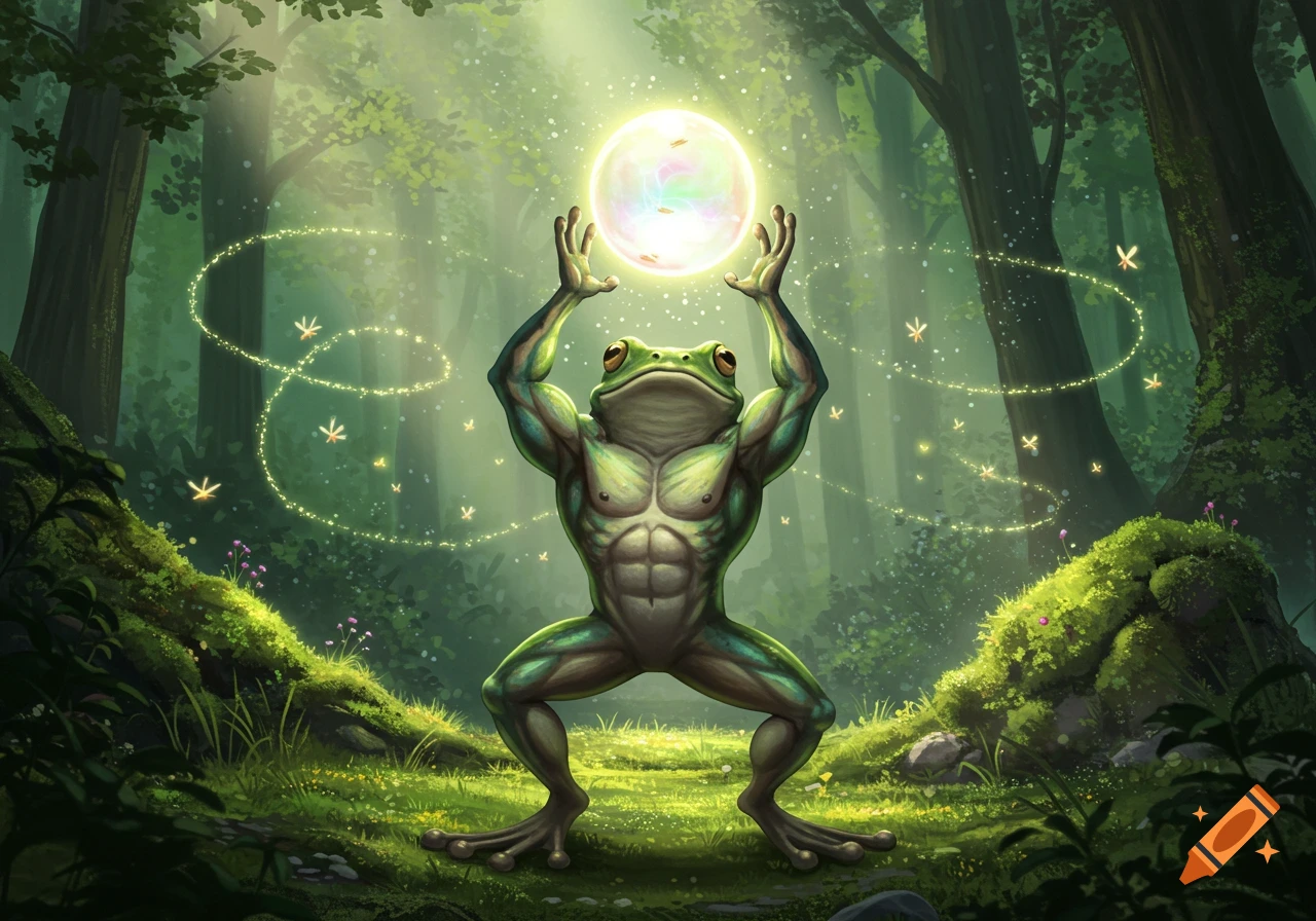 A muscular green frog stands in a magical forest, holding a glowing orb above its head, surrounded by sparkling fireflies.