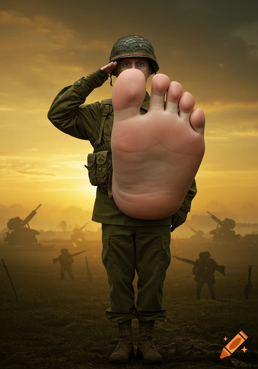 A soldier in uniform with a giant human foot for a face salutes on a smoky battlefield at sunset.