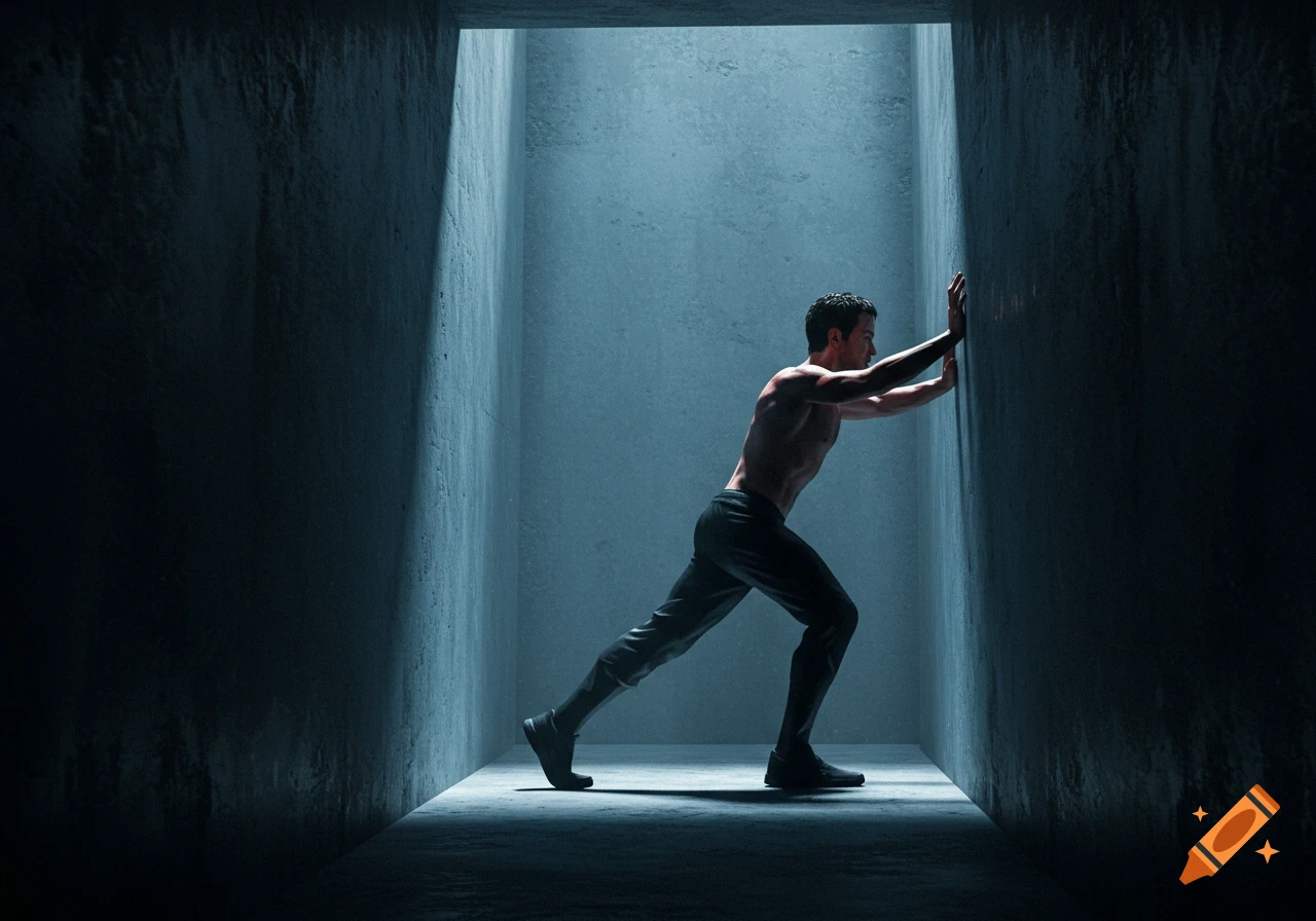 A man, shirtless, pushes against a wall in a narrow, dimly lit concrete corridor.