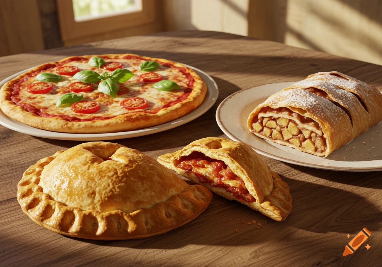 A pizza with tomatoes and basil, a sliced apple strudel, and two empanadas, one cut open, on a wooden table.