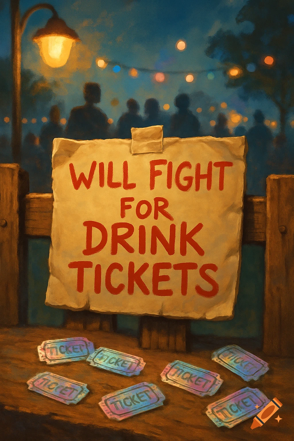 A painterly night scene of a festival with a sign that reads 'Will fight for drink tickets' and several tickets on the ground.