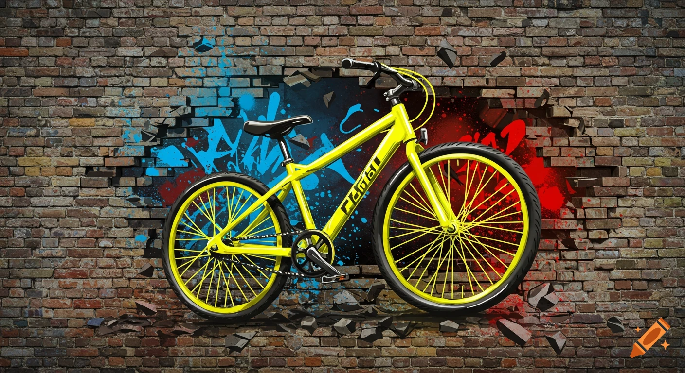 A vibrant yellow bicycle bursts through a brick wall, leaving a trail of blue and red graffiti paint splashes. Stylized.