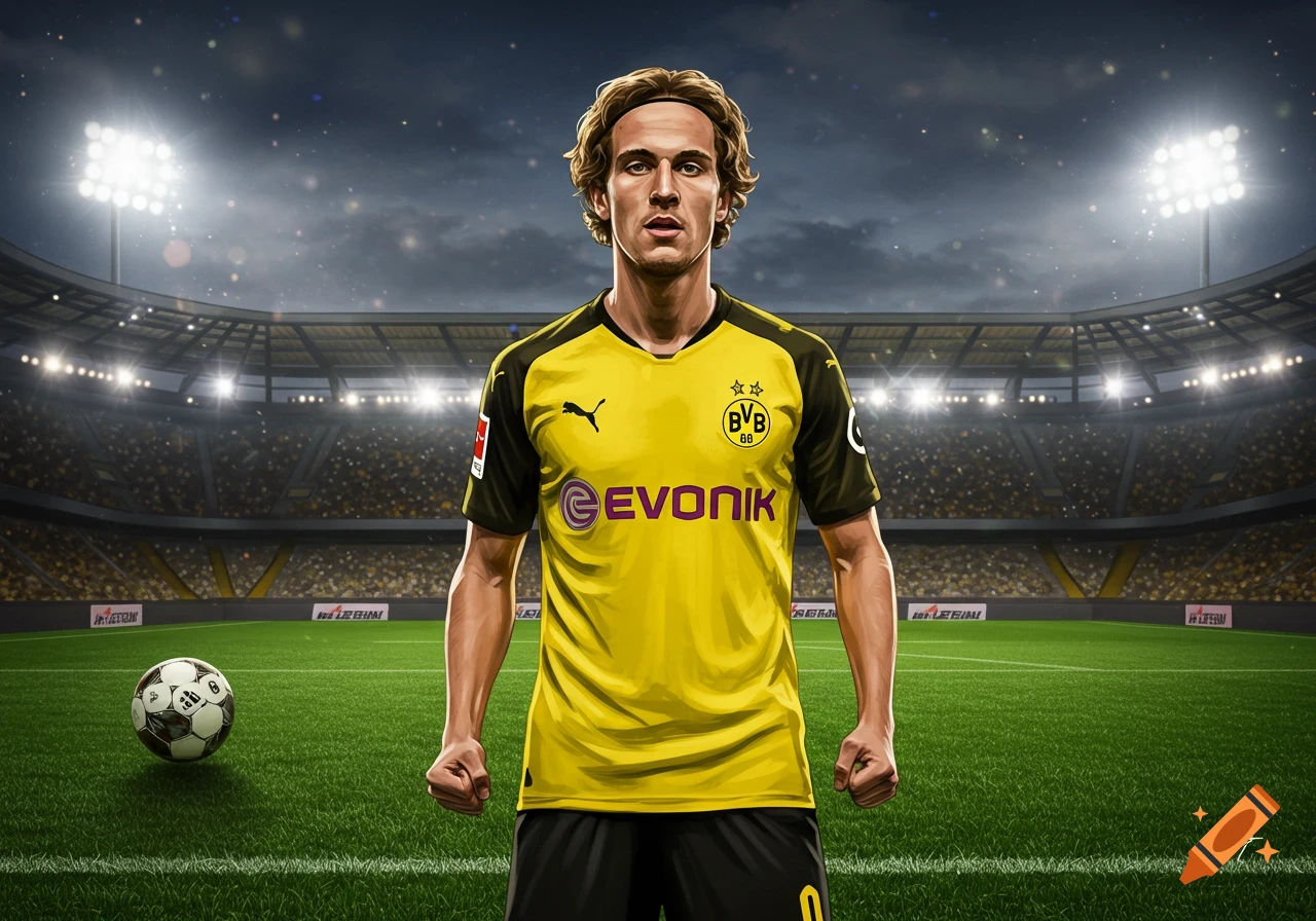 Illustration of a male soccer player in a yellow and black Borussia Dortmund jersey standing on a green stadium field under floodlights.