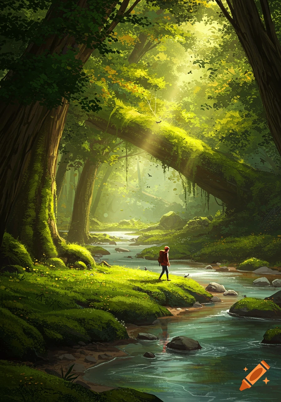 A person with a red backpack walks along a mossy riverbank in a vibrant, sunlit forest, digital painting.