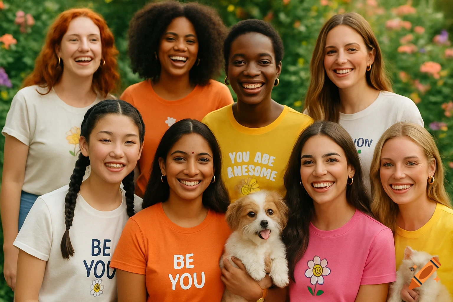 A group of diverse smiling women and teen girls in a garden, some holding a puppy and a kitten, wearing colorful t-shirts.