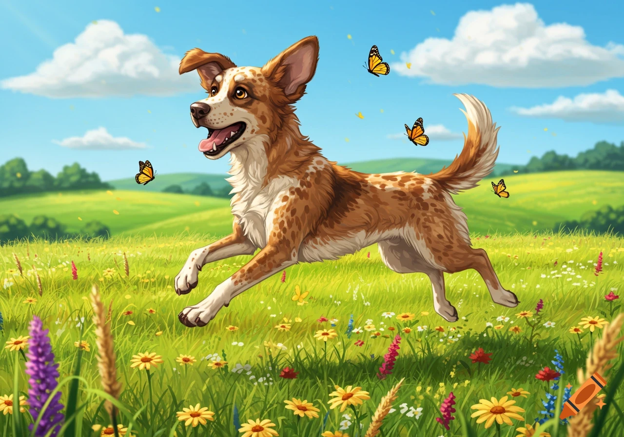 A happy brown and white spotted dog runs through a vibrant green meadow filled with colorful wildflowers and butterflies under a blue sky.