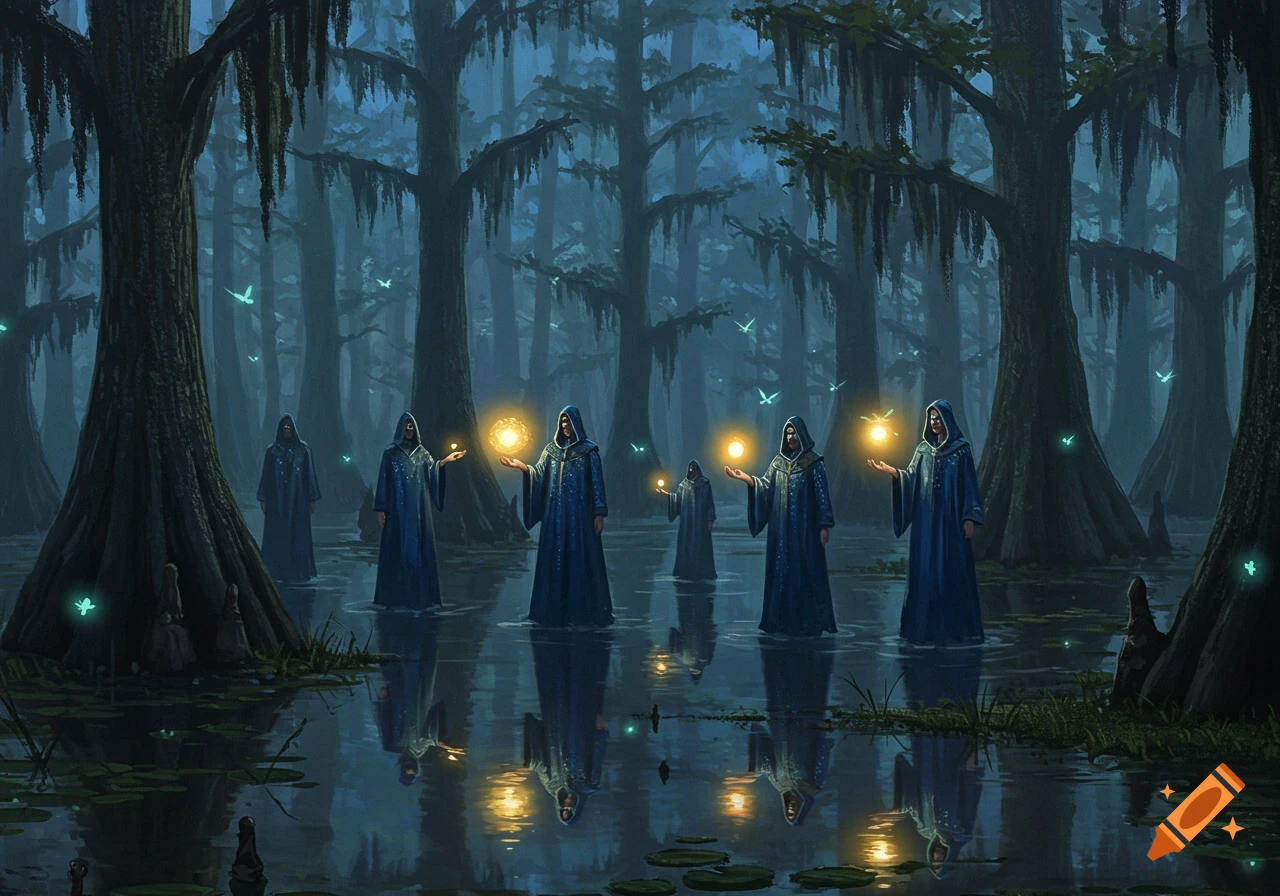 Mages in blue robes stand in a dark, misty swamp, holding glowing orbs with ethereal light and reflections on the water.