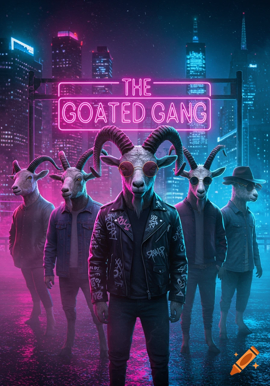 Five anthropomorphic goats in leather jackets and sunglasses stand on a neon-lit city street at night under a 'THE GOATED GANG' sign.