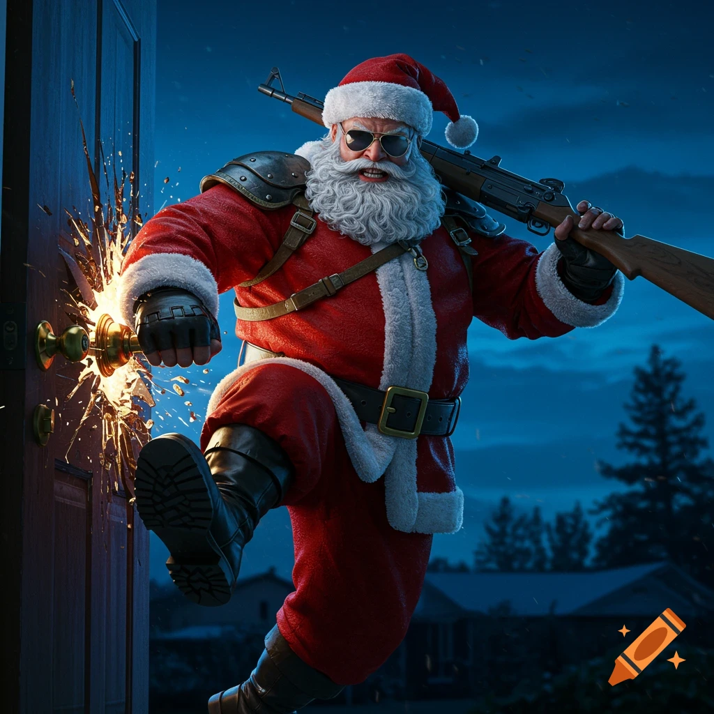 Heavily armed and armored Santa Claus wearing sunglasses, kicking through a wooden door at night, carrying a rifle; photorealistic.
