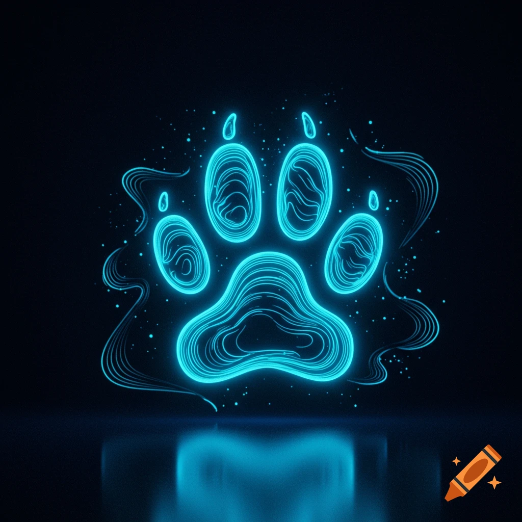 A glowing blue paw print made of contour lines, with small luminous particles, reflected on a dark surface.