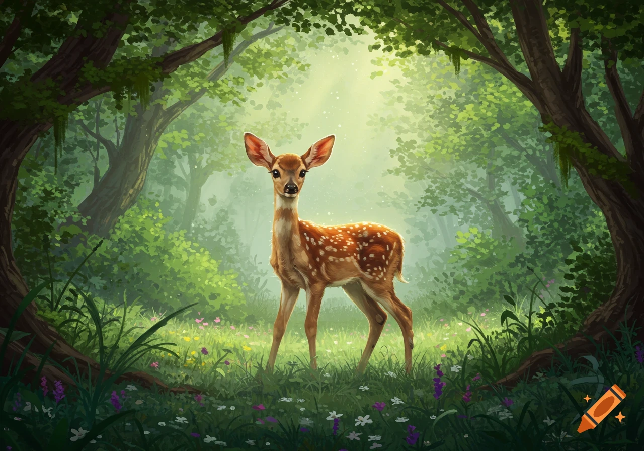 A cute spotted fawn stands in a sunlit, lush green forest with wildflowers, in a whimsical illustration style.