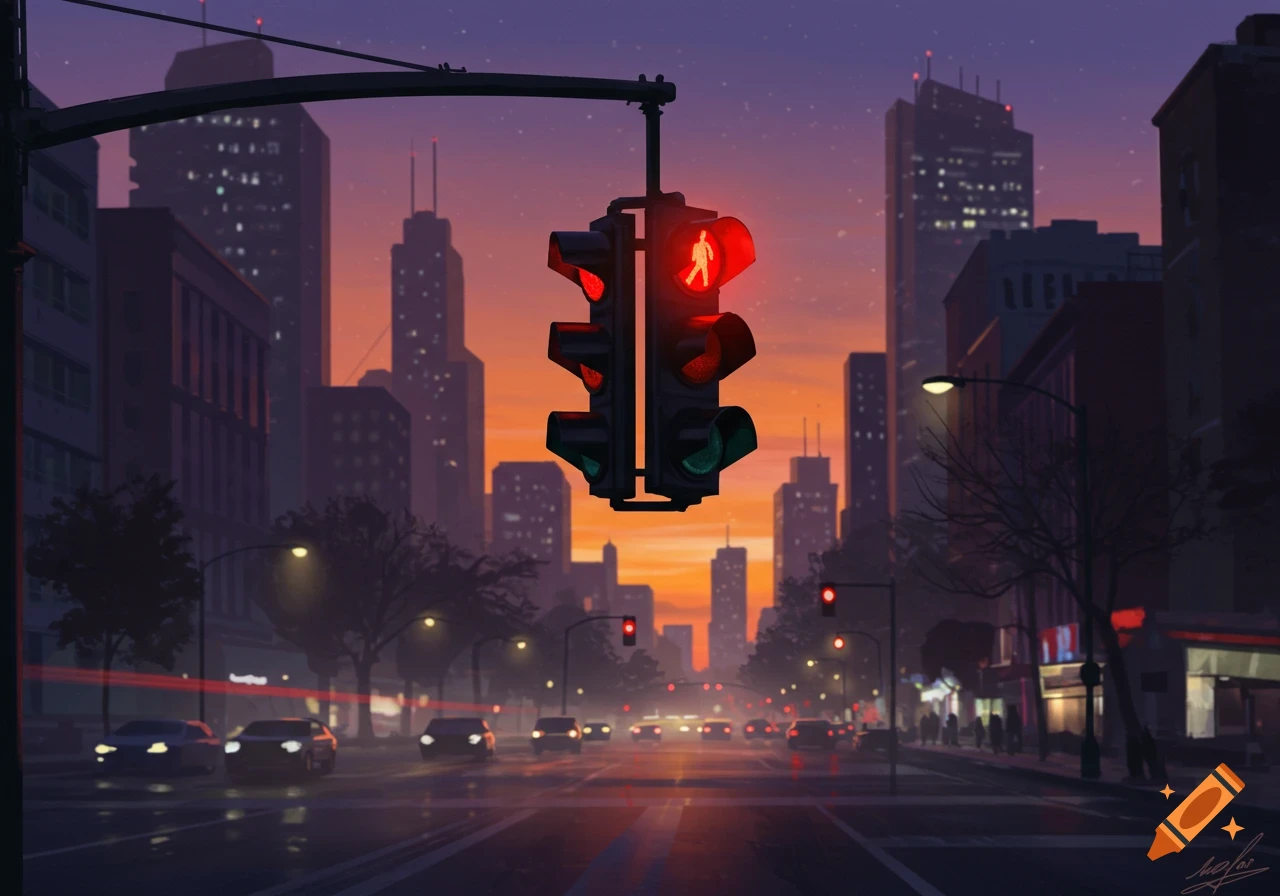 Illustrated cityscape at sunset with a prominent red traffic light hanging over a street with cars and tall buildings.